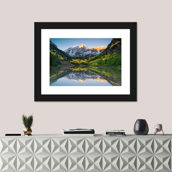 Sunrise at Maroon Bells Lake Canvas Wall Art in orange, green and blue, framed print, product view on a white background