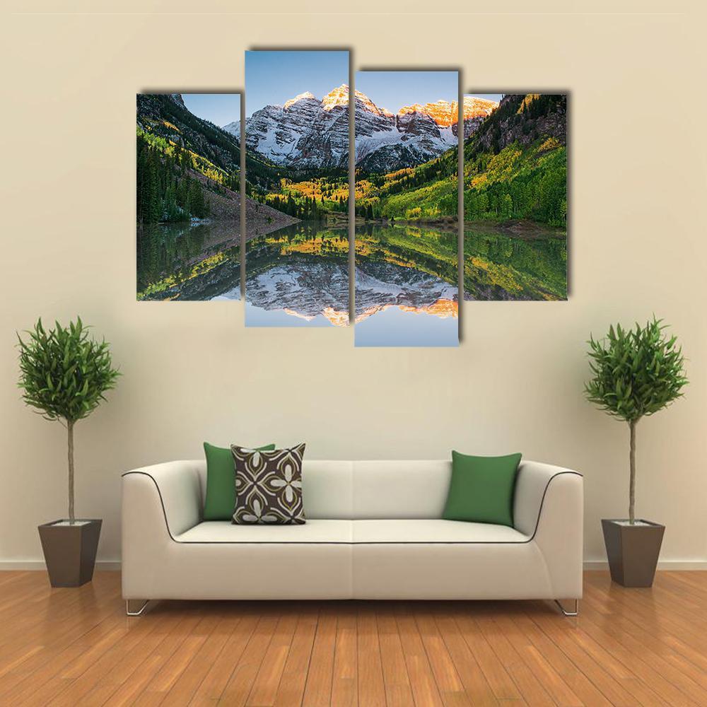 Sunrise At Maroon Bells Lake Canvas Wall Art-4 Pop-Gallery Wrap-50" x 32"-Tiaracle