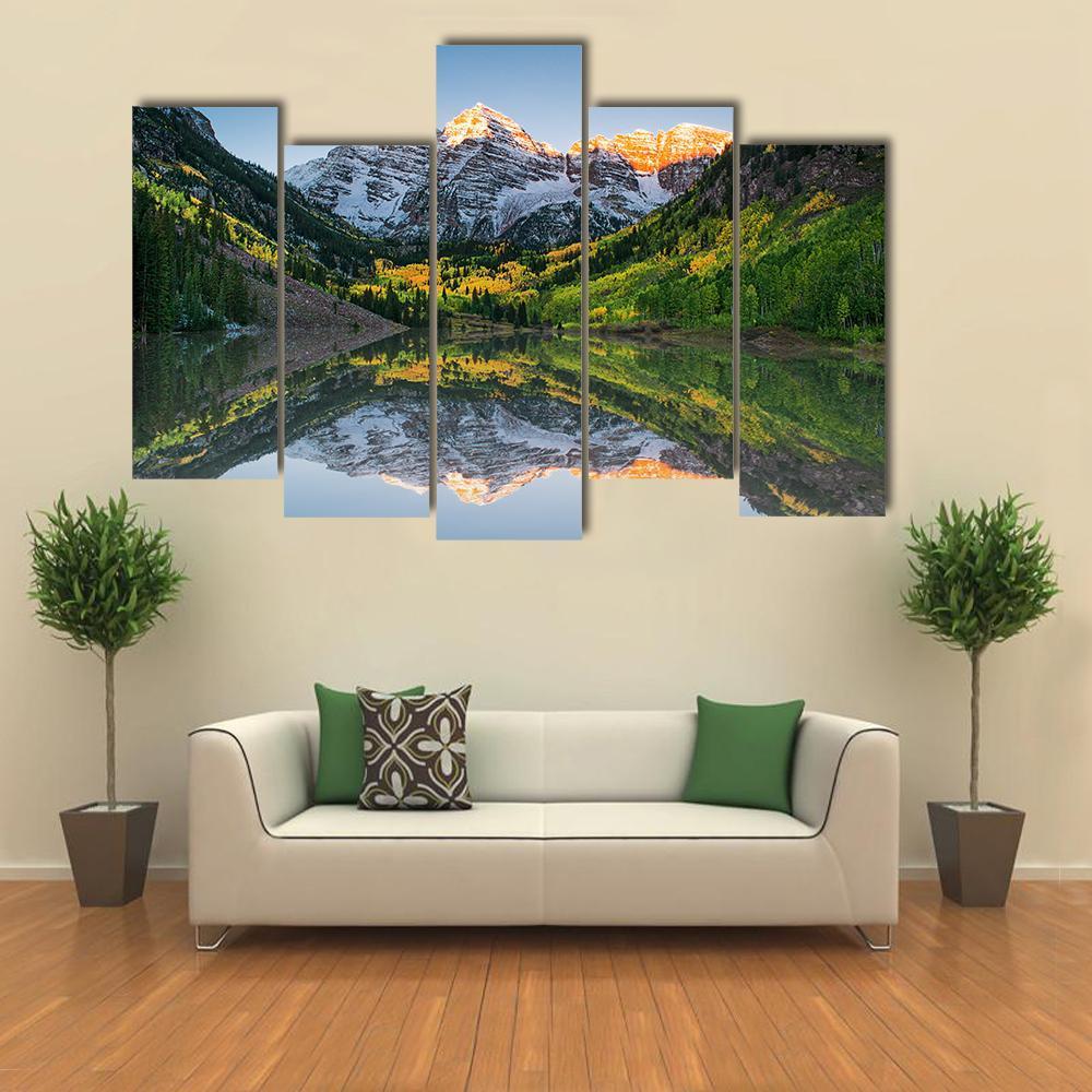 Sunrise At Maroon Bells Lake Canvas Wall Art-5 Pop-Gallery Wrap-47" x 32"-Tiaracle