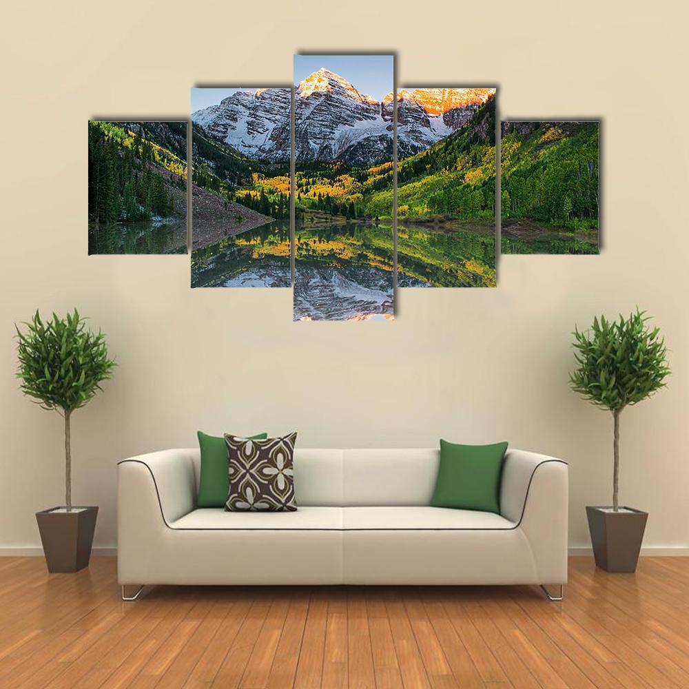Sunrise At Maroon Bells Lake Canvas Wall Art-5 Star-Gallery Wrap-62" x 32"-Tiaracle