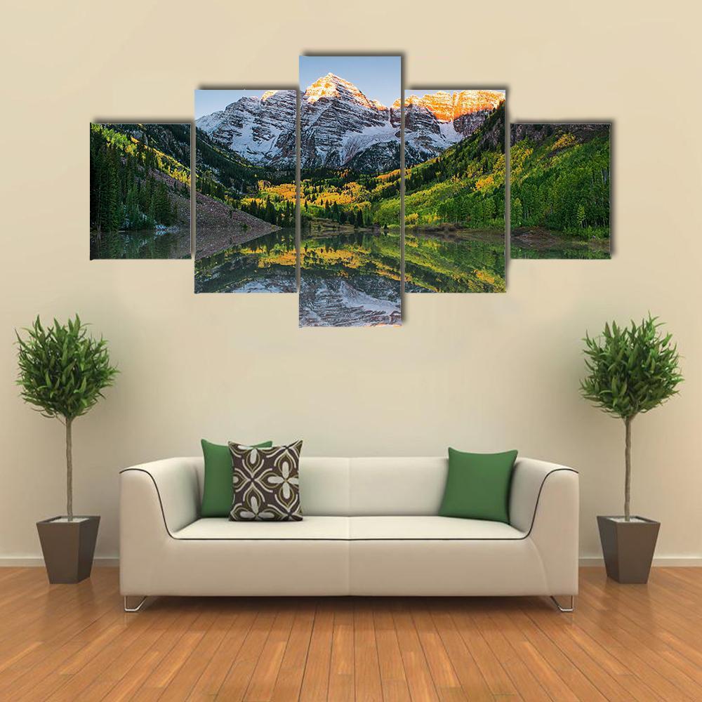 Sunrise At Maroon Bells Lake Canvas Wall Art-5 Star-Gallery Wrap-62" x 32"-Tiaracle