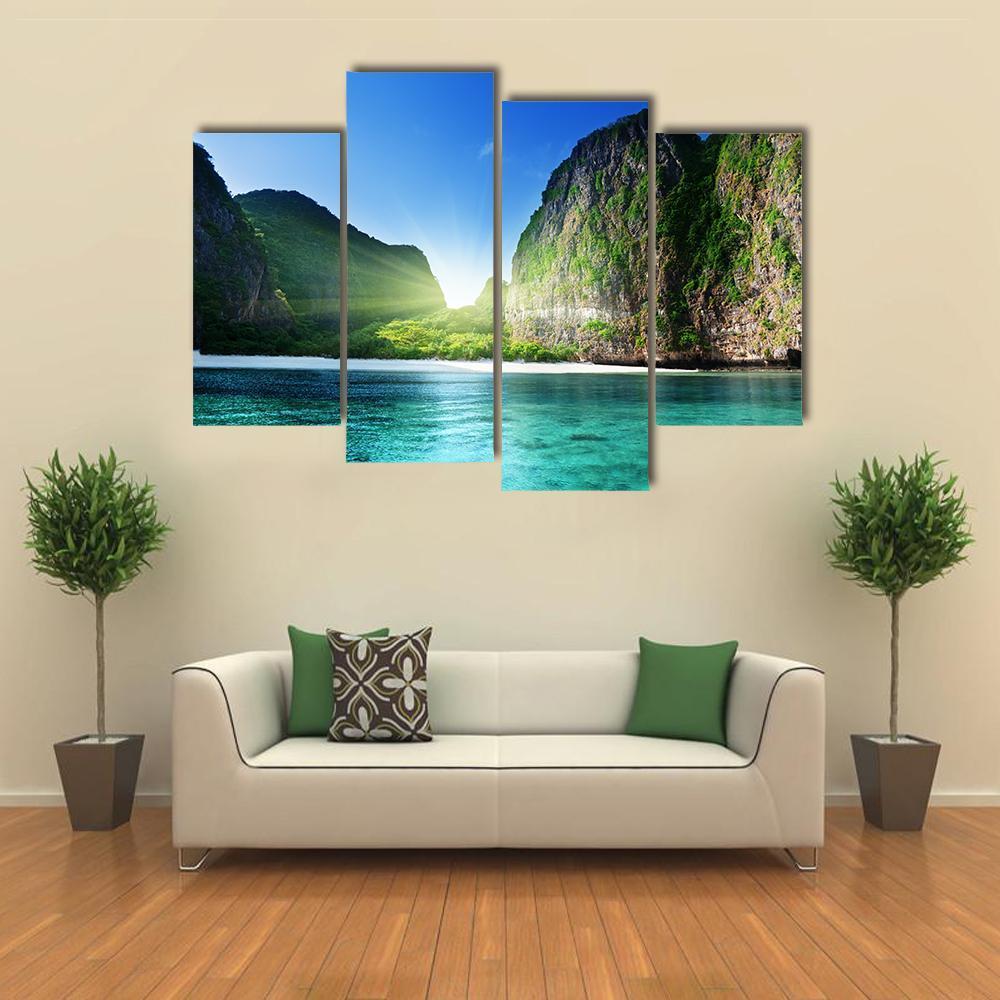 Sunrise At Maya Bay Canvas Wall Art-4 Pop-Gallery Wrap-50" x 32"-Tiaracle