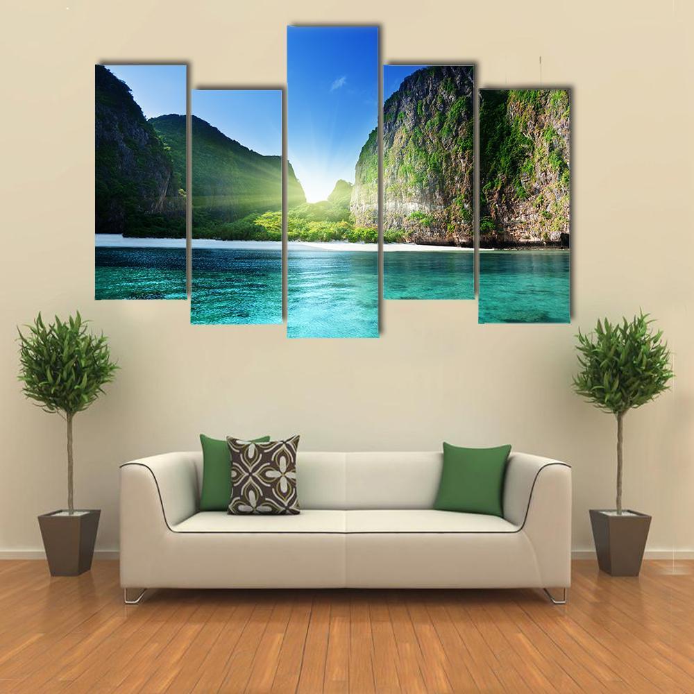 Sunrise At Maya Bay Canvas Wall Art-5 Pop-Gallery Wrap-47" x 32"-Tiaracle