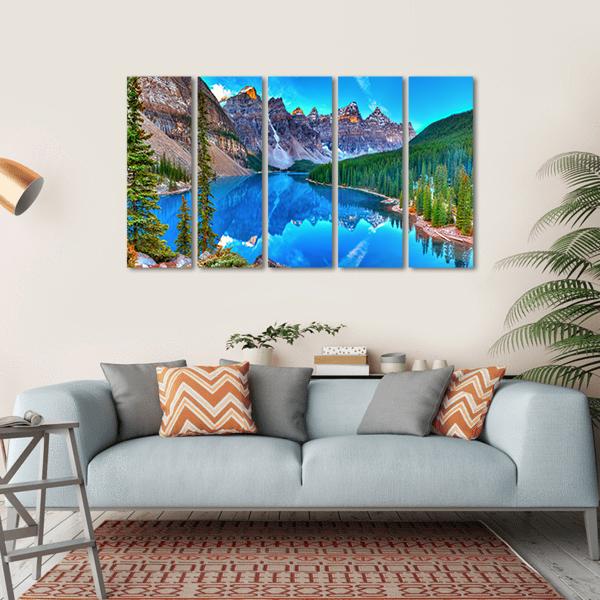 Sunrise At Moraine Lake Canvas Wall Art-5 Horizontal-Gallery Wrap-22" x 12"-Tiaracle