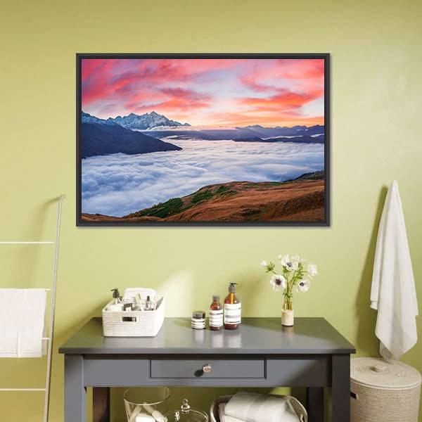 Sunrise At Mt Tetnuld Canvas Wall Art-1 Piece-Floating Frame-24" x 16"-Tiaracle