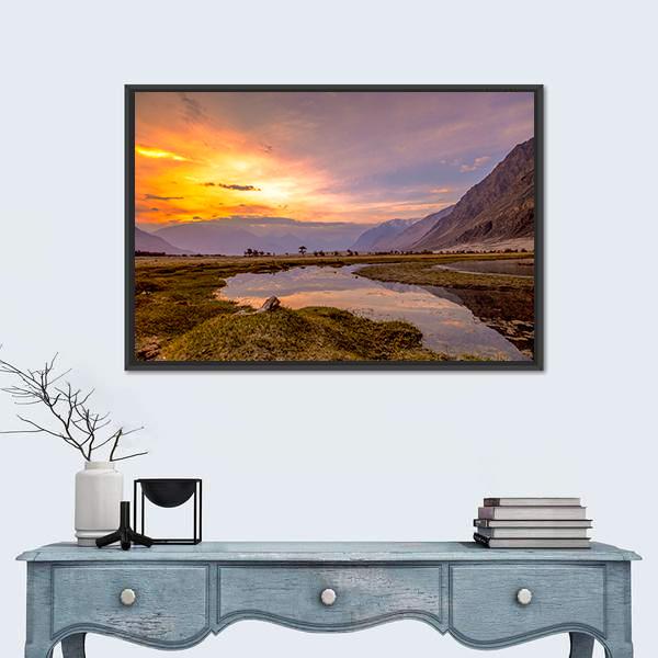 Sunrise At Nubra Valley Canvas Wall Art-1 Piece-Floating Frame-24" x 16"-Tiaracle