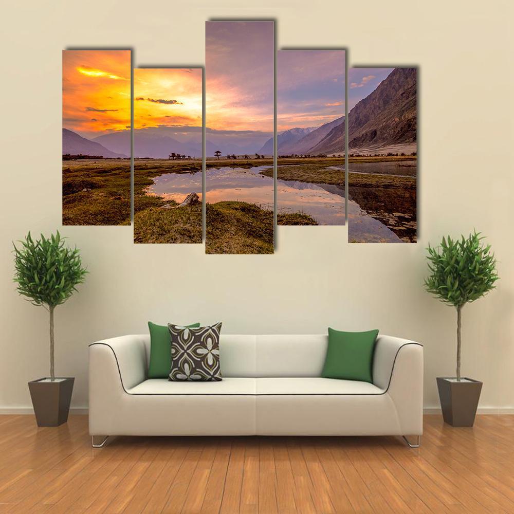 Sunrise At Nubra Valley Canvas Wall Art-5 Pop-Gallery Wrap-47" x 32"-Tiaracle
