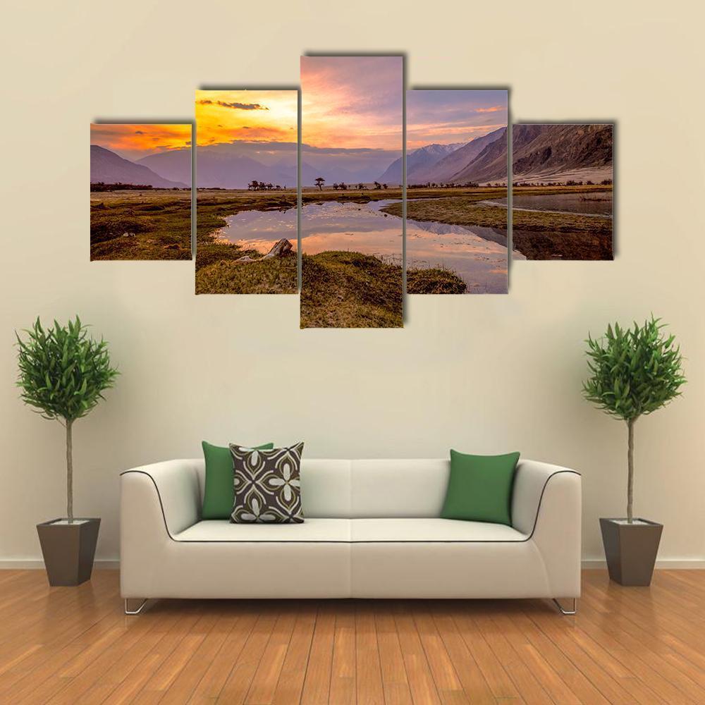 Sunrise At Nubra Valley Canvas Wall Art-5 Star-Gallery Wrap-62" x 32"-Tiaracle