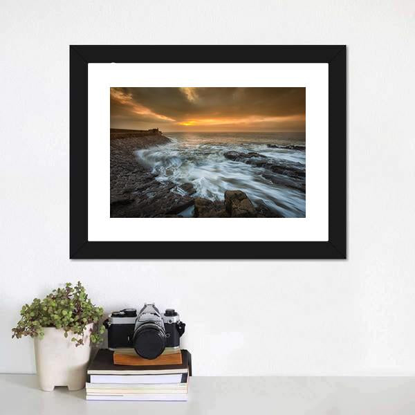 Sunrise At Porthcawl Lighthouse Canvas Wall Art-5 Horizontal-Gallery Wrap-22" x 12"-Tiaracle