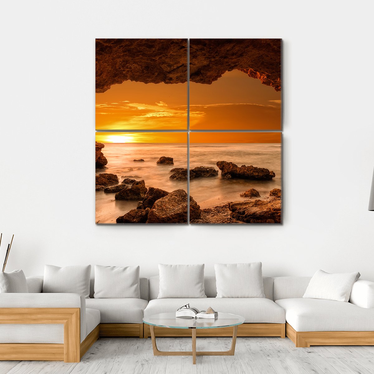 Sunrise At Sea From A Cave Canvas Wall Art-4 Square-Gallery Wrap-17" x 17"-Tiaracle