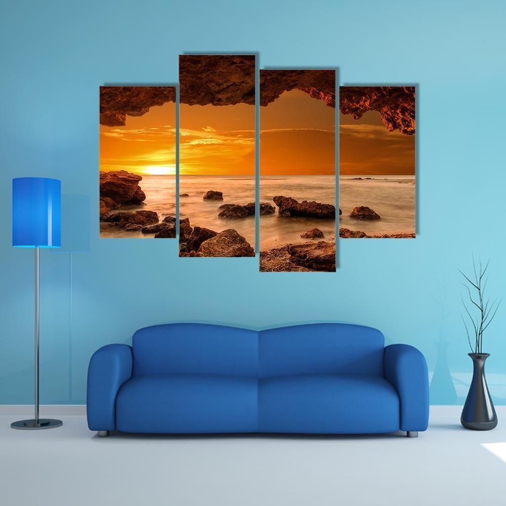 Sunrise At Sea From A Cave Canvas Wall Art-4 Pop-Gallery Wrap-50" x 32"-Tiaracle