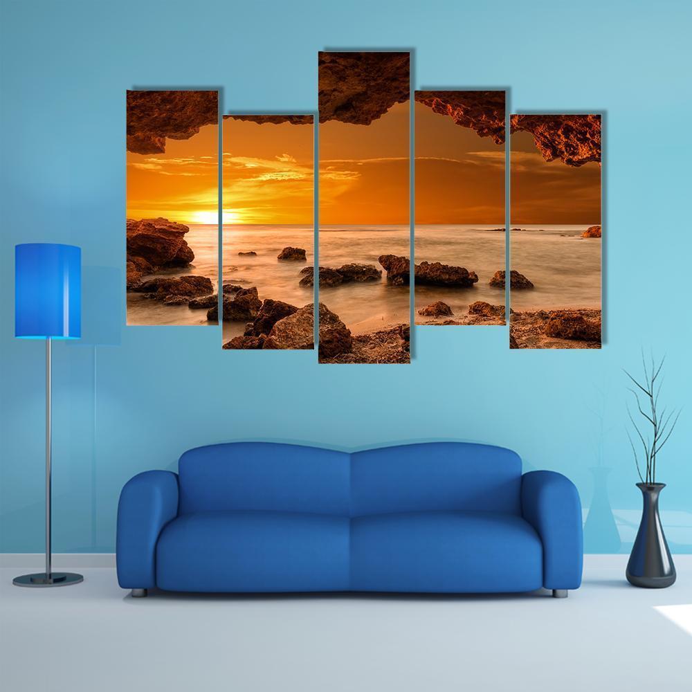 Sunrise At Sea From A Cave Canvas Wall Art-5 Pop-Gallery Wrap-47" x 32"-Tiaracle