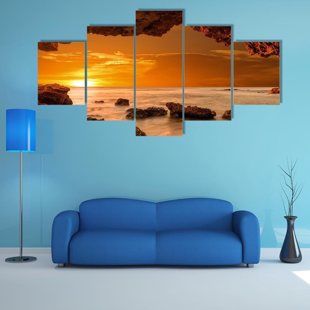 Sunrise At Sea From A Cave Canvas Wall Art-5 Star-Gallery Wrap-62" x 32"-Tiaracle