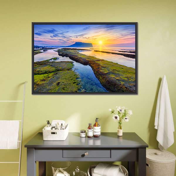 Sunrise At Seongsan Ilchulbong Canvas Wall Art-1 Piece-Floating Frame-24" x 16"-Tiaracle