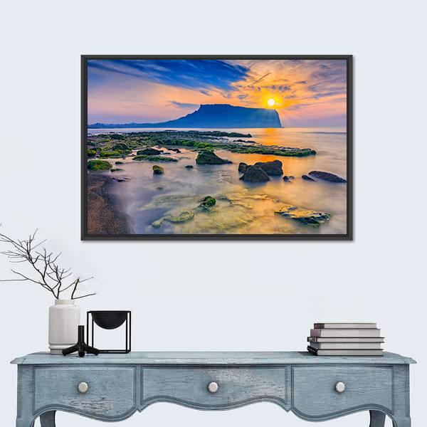 Sunrise At Seongsan Ilchulbong In Jeju Island Canvas Wall Art-1 Piece-Floating Frame-24" x 16"-Tiaracle