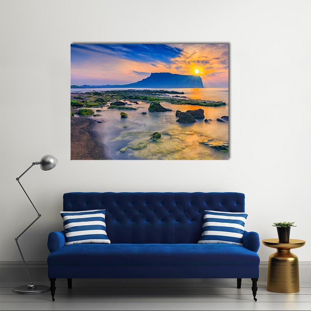 Seongsan Ilchulbong Sunrise on Jeju Island Canvas Wall Art in orange, yellow and blue, single panel hung on a wall