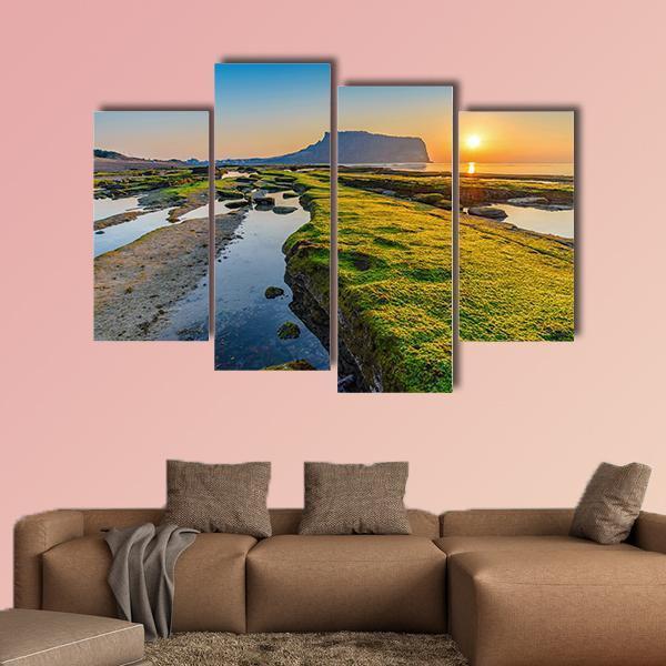 Sunrise At Seongsan Ilchulbong In South Korea Canvas Wall Art-4 Pop-Gallery Wrap-50" x 32"-Tiaracle