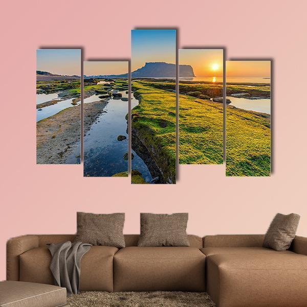 Sunrise At Seongsan Ilchulbong In South Korea Canvas Wall Art-5 Pop-Gallery Wrap-47" x 32"-Tiaracle