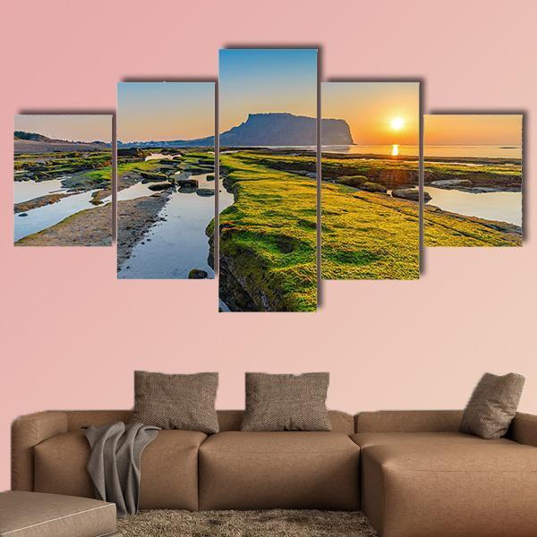 Sunrise At Seongsan Ilchulbong In South Korea Canvas Wall Art-5 Pop-Gallery Wrap-47" x 32"-Tiaracle