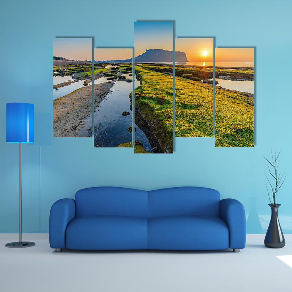 Sunrise At Seongsan Ilchulbong Canvas Wall Art-5 Pop-Gallery Wrap-47" x 32"-Tiaracle
