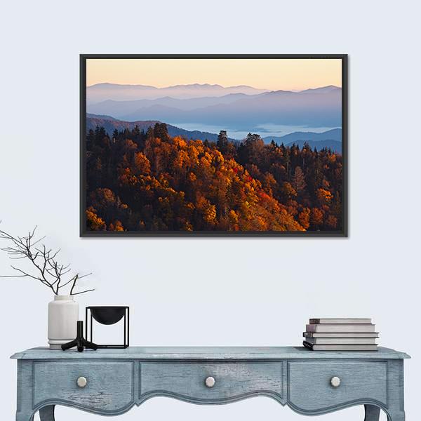 Sunrise Over Smoky Mountains Canvas Wall Art in orange, blue and purple, framed canvas, product view on a white background