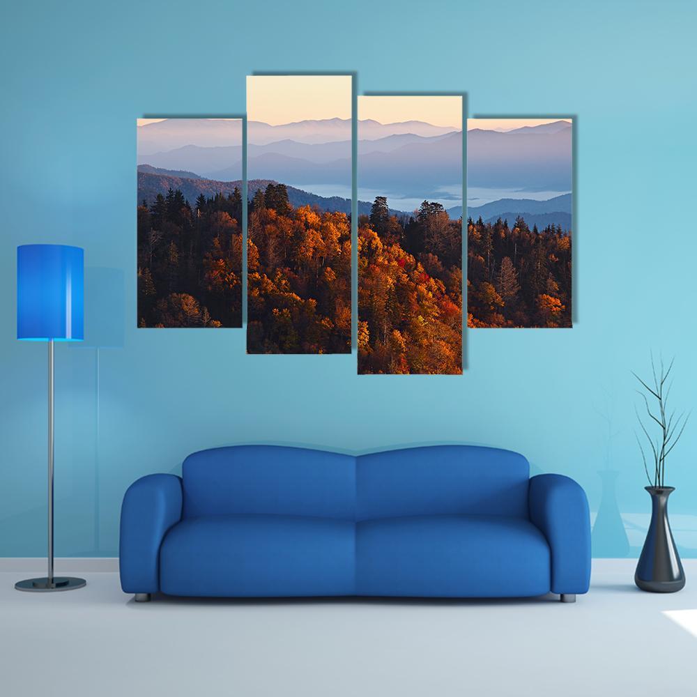 Sunrise At Smoky Mountains Canvas Wall Art-4 Pop-Gallery Wrap-50" x 32"-Tiaracle