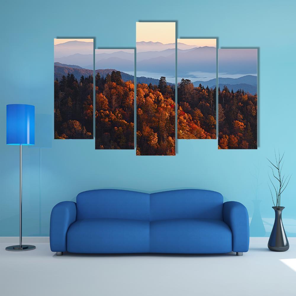 Sunrise At Smoky Mountains Canvas Wall Art-5 Pop-Gallery Wrap-47" x 32"-Tiaracle