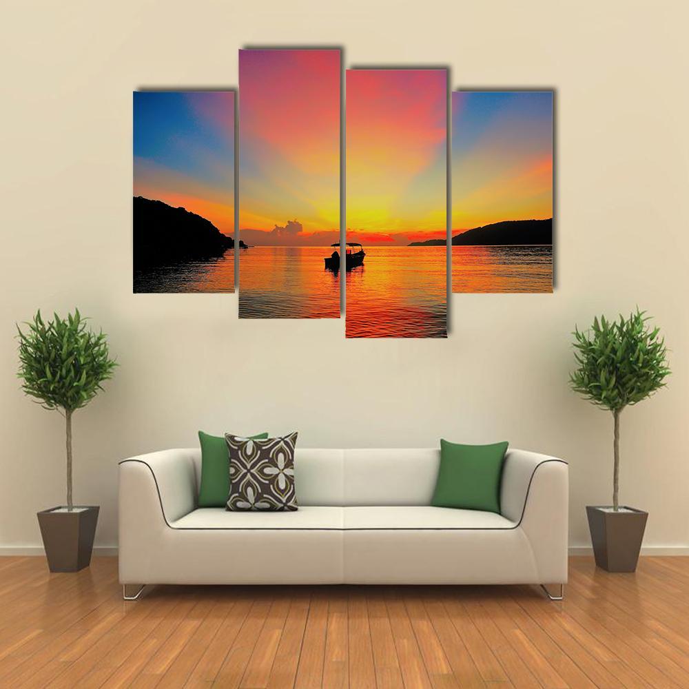 Sunrise At Tropical Beach Canvas Wall Art-4 Pop-Gallery Wrap-50" x 32"-Tiaracle