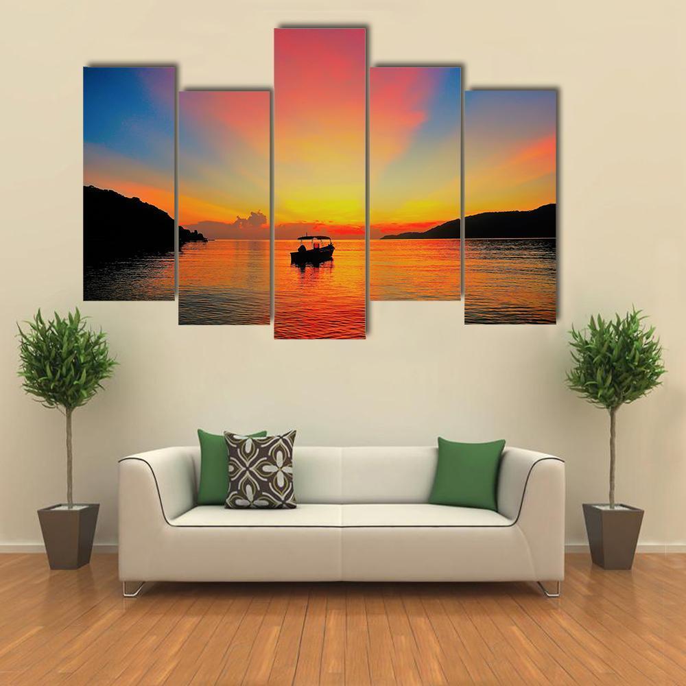 Sunrise At Tropical Beach Canvas Wall Art-5 Pop-Gallery Wrap-47" x 32"-Tiaracle