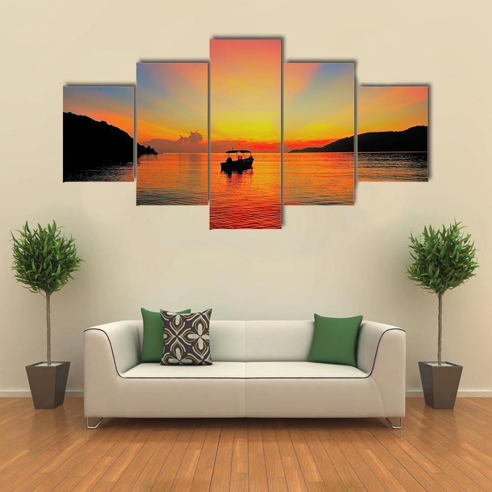 Sunrise At Tropical Beach Canvas Wall Art-5 Star-Gallery Wrap-62" x 32"-Tiaracle