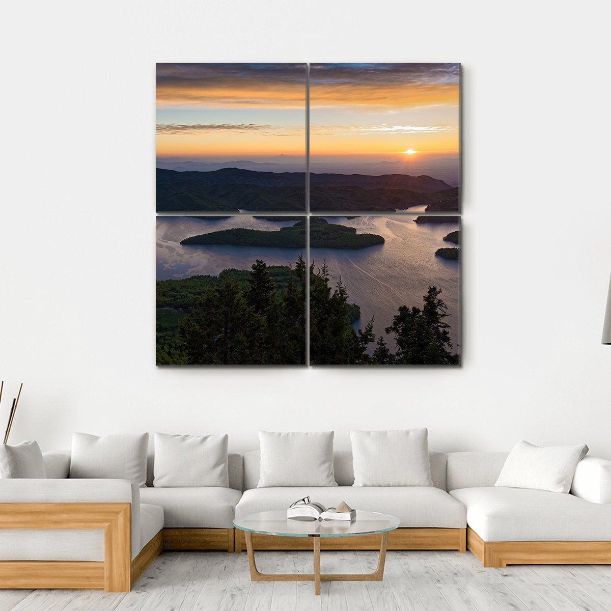 Sunrise At Tthe Plastiras Lake In Greece Canvas Wall Art-4 Square-Gallery Wrap-17" x 17"-Tiaracle