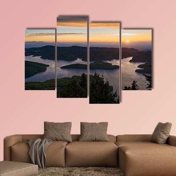 Sunrise At Tthe Plastiras Lake In Greece Canvas Wall Art-4 Pop-Gallery Wrap-50" x 32"-Tiaracle