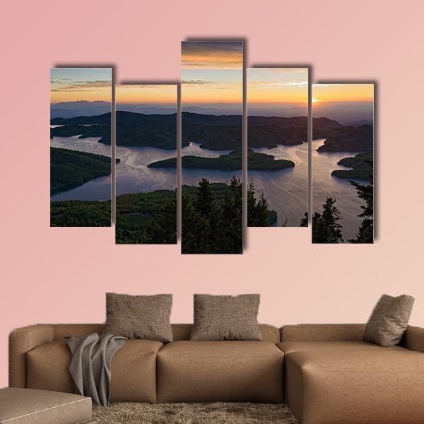 Sunrise At Tthe Plastiras Lake In Greece Canvas Wall Art-5 Pop-Gallery Wrap-47" x 32"-Tiaracle