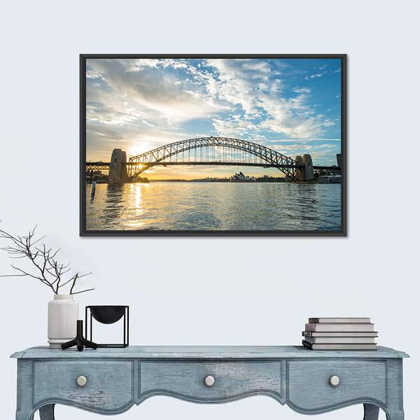 Sunrise Over Sydney Harbour Bridge Canvas Wall Art in gold, yellow and blue, framed canvas, product view on a white background