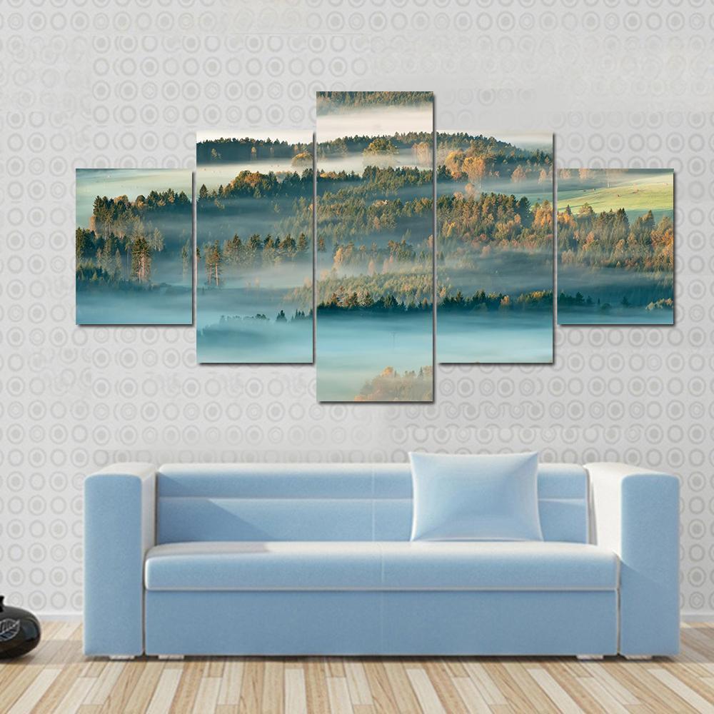 Sunrise In A Beautiful Mountain Of Czech-Saxony Switzerland Canvas Wall Art-5 Star-Gallery Wrap-62" x 32"-Tiaracle