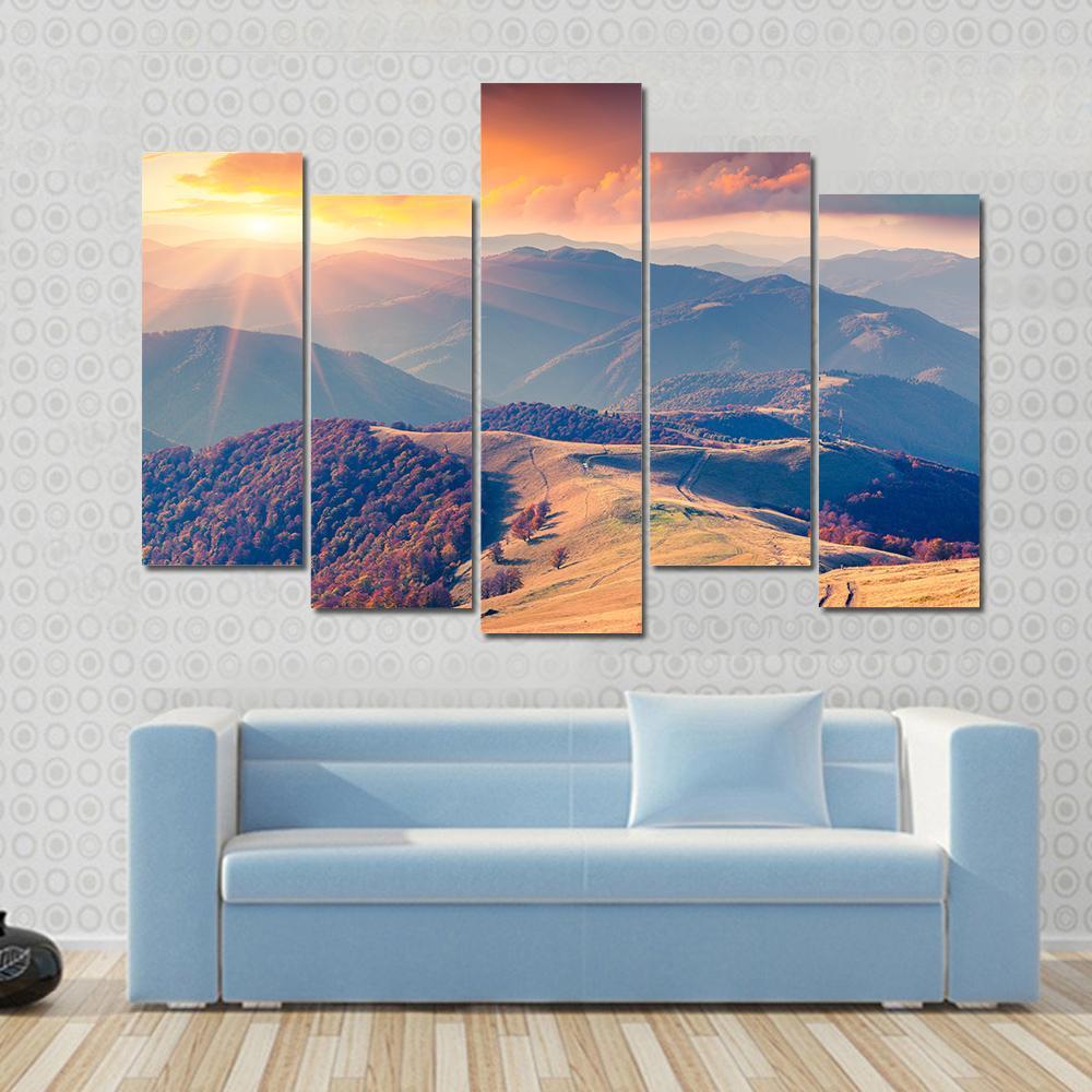 Sunrise In The Carpathian Mountains Ukraine Canvas Wall Art-5 Pop-Gallery Wrap-47" x 32"-Tiaracle