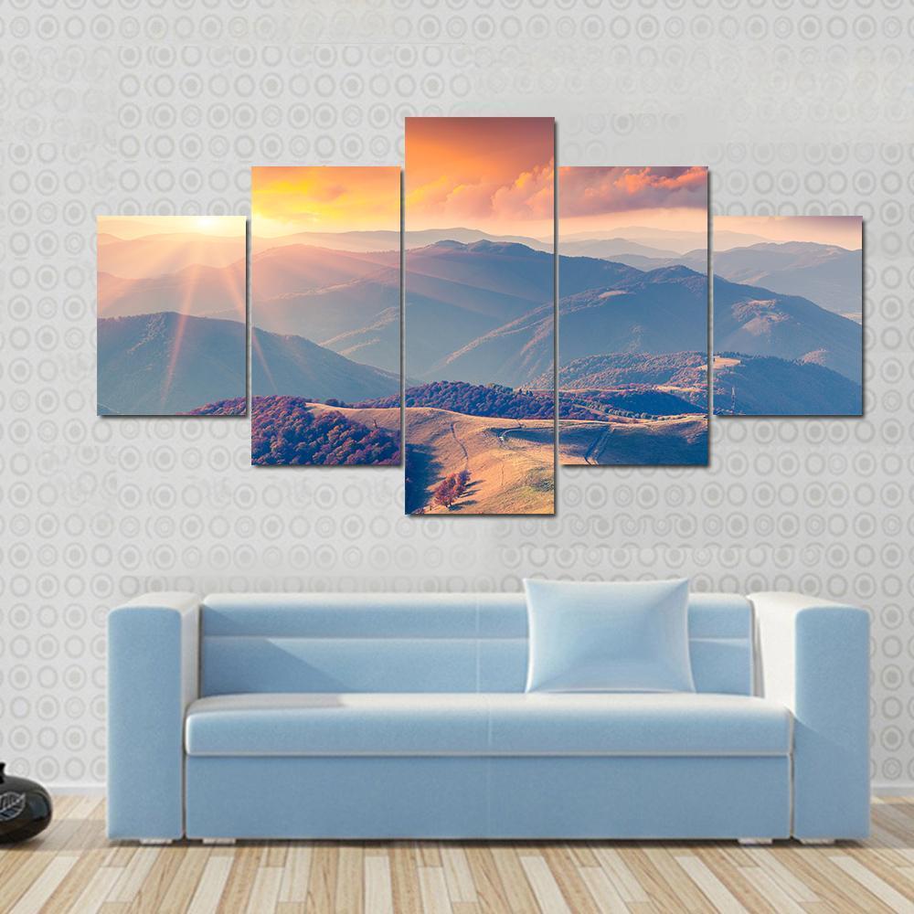 Sunrise In The Carpathian Mountains Ukraine Canvas Wall Art-5 Star-Gallery Wrap-62" x 32"-Tiaracle