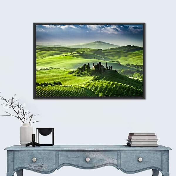 Sunrise In The Valley Of San Quirico D Orcia Canvas Wall Art-1 Piece-Floating Frame-24" x 16"-Tiaracle