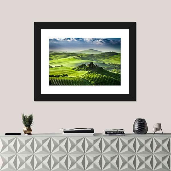 Sunrise In The Valley Of San Quirico D Orcia Canvas Wall Art-1 Piece-Framed Print-20" x 16"-Tiaracle