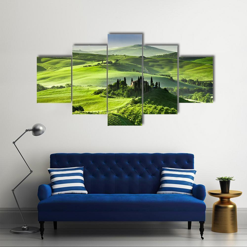 Sunrise In The Valley Of San Quirico D Orcia Canvas Wall Art-5 Star-Gallery Wrap-62" x 32"-Tiaracle