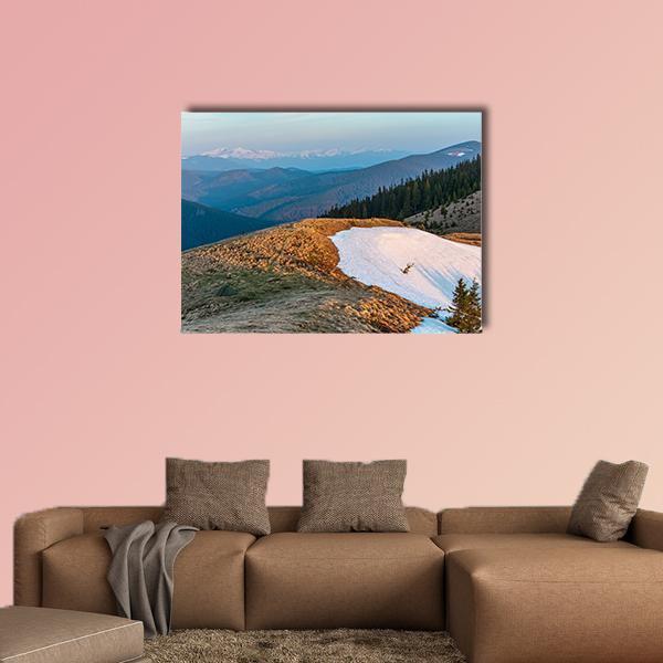 Spring Sunrise in the Carpathian Mountains Canvas Wall Art in white, brown and blue, single panel hung on a wall
