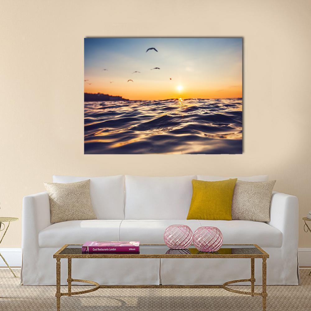 Sunrise Light Shining On Ocean Wave Canvas Wall Art-1 Piece-Gallery Wrap-48" x 32"-Tiaracle