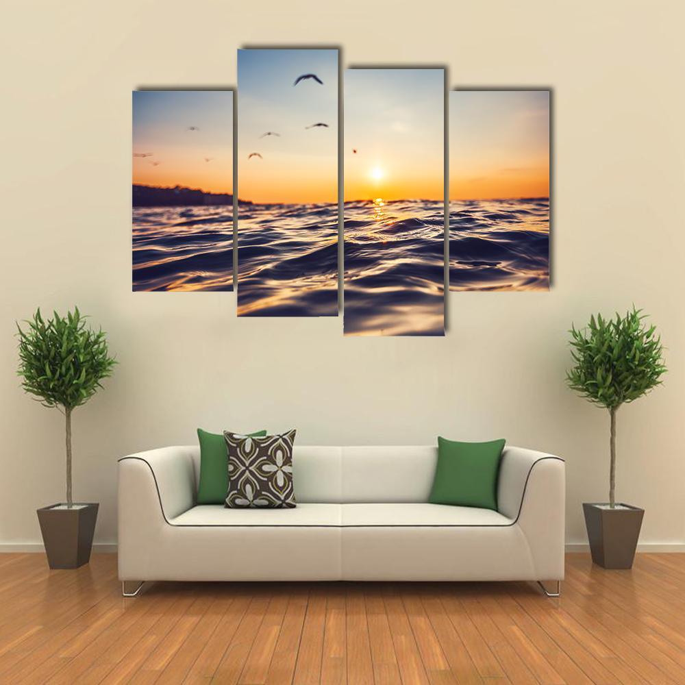 Sunrise Light Shining On Ocean Wave Canvas Wall Art-4 Pop-Gallery Wrap-50" x 32"-Tiaracle