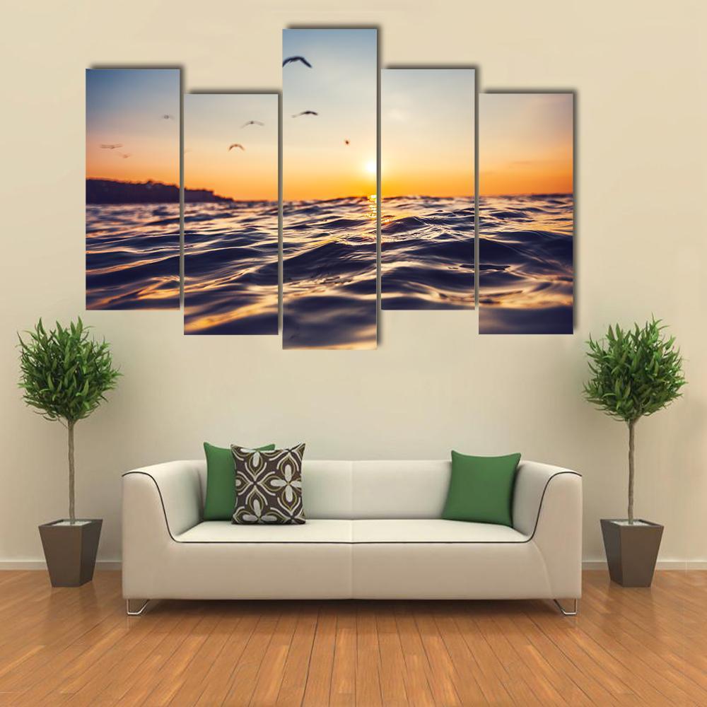 Sunrise Light Shining On Ocean Wave Canvas Wall Art-5 Pop-Gallery Wrap-47" x 32"-Tiaracle