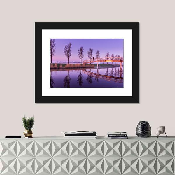 Sunrise On A Canal Bridge In Holland Canvas Wall Art-1 Piece-Framed Print-20" x 16"-Tiaracle
