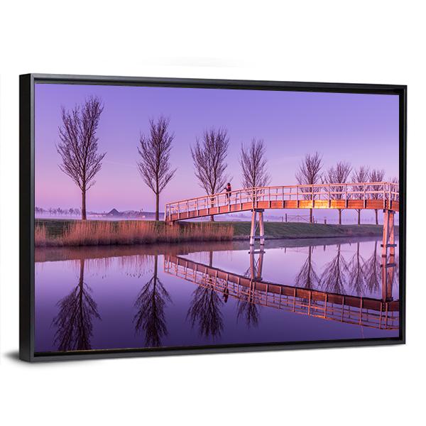 Sunrise On A Canal Bridge In Holland Canvas Wall Art-3 Horizontal-Gallery Wrap-25" x 16"-Tiaracle