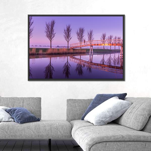 Sunrise On A Canal Bridge In Holland Canvas Wall Art-3 Horizontal-Gallery Wrap-25" x 16"-Tiaracle