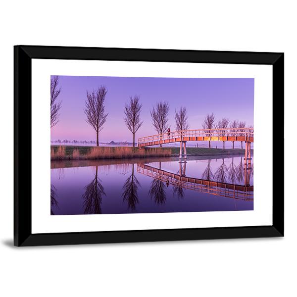 Sunrise On A Canal Bridge In Holland Canvas Wall Art-3 Horizontal-Gallery Wrap-25" x 16"-Tiaracle