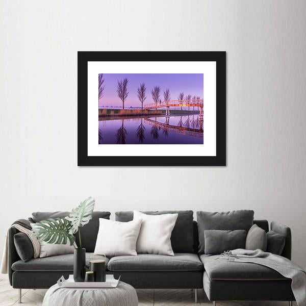 Sunrise On A Canal Bridge In Holland Canvas Wall Art-3 Horizontal-Gallery Wrap-25" x 16"-Tiaracle