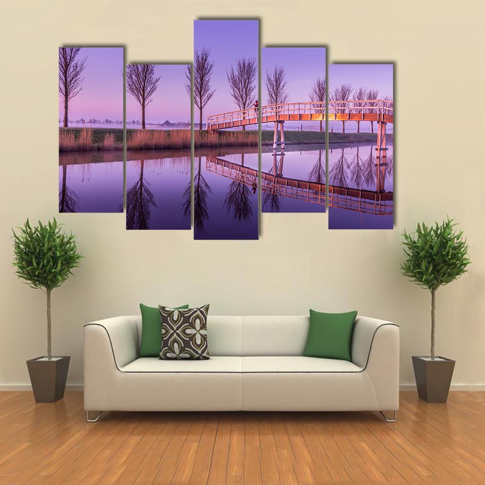 Sunrise On A Canal Bridge In Holland Canvas Wall Art-3 Horizontal-Gallery Wrap-37" x 24"-Tiaracle